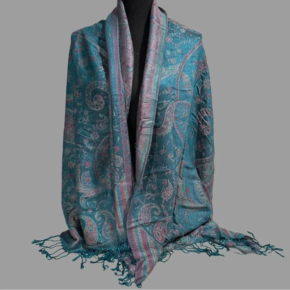 Elegant Shawl in Metallic Green Paisley-Versatile Wrap, Scarf, Veil, Soft Cozy